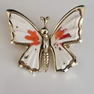 Vintage Beatrix Butterfly Brooch Gold Tone White Enamel Orange Details 1950's